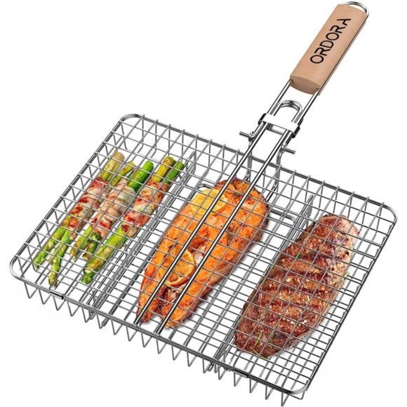 Other - Rustproof Stainless Steel BBQ Grill Basket - Portable - Heavy Duty (Wooden)